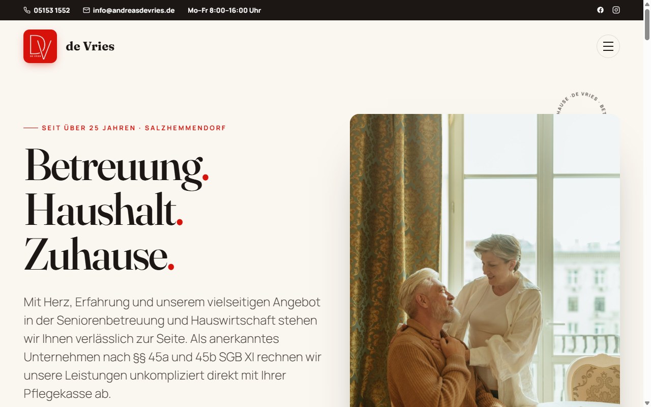 Vorschau der Website von de Vries — Seniorenbetreuung & Haushaltshilfe in Salzhemmendorf
